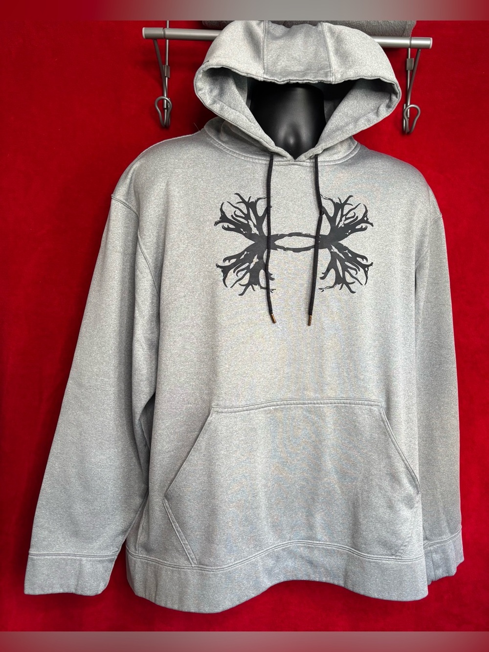 Vintage Under Armour Hunt Antler Logo Pullover Hoodie Storm Gray Large
